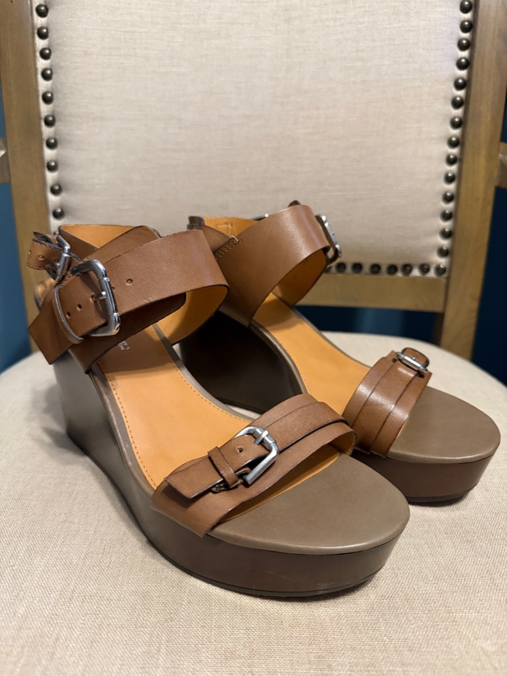 Franco Sarto Women’s “A-Divine” Brown Leather Wedge Sandals , Size 8.5 M